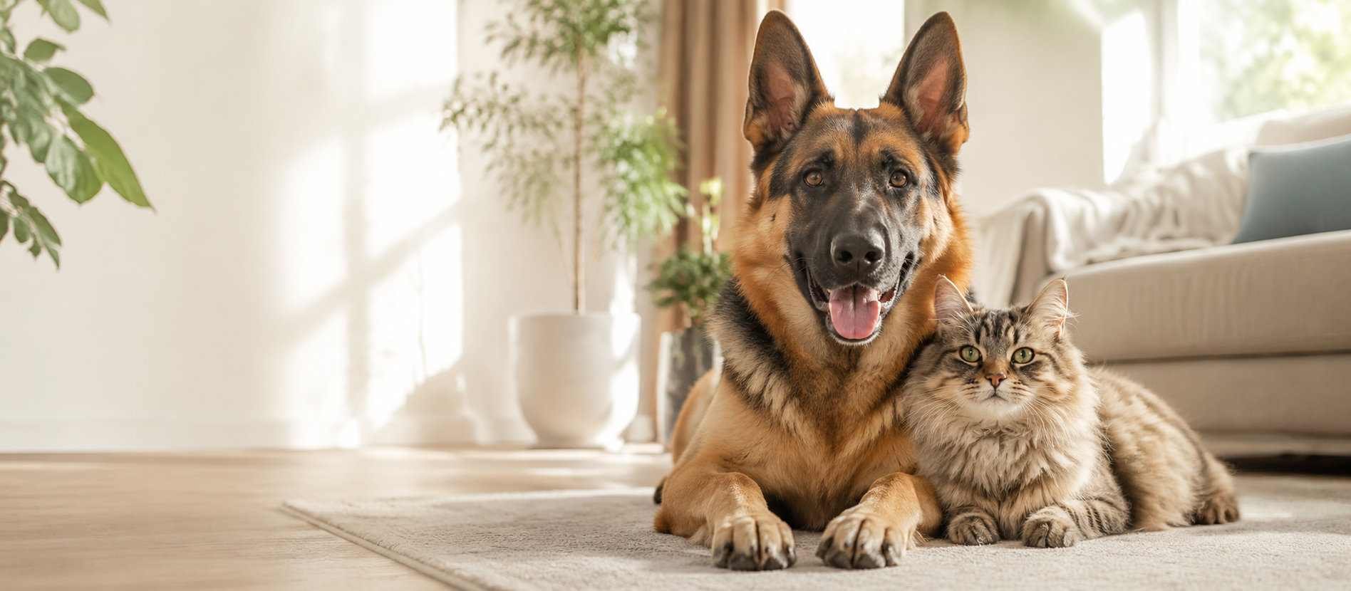 German Shepherd and cat together in a bright home