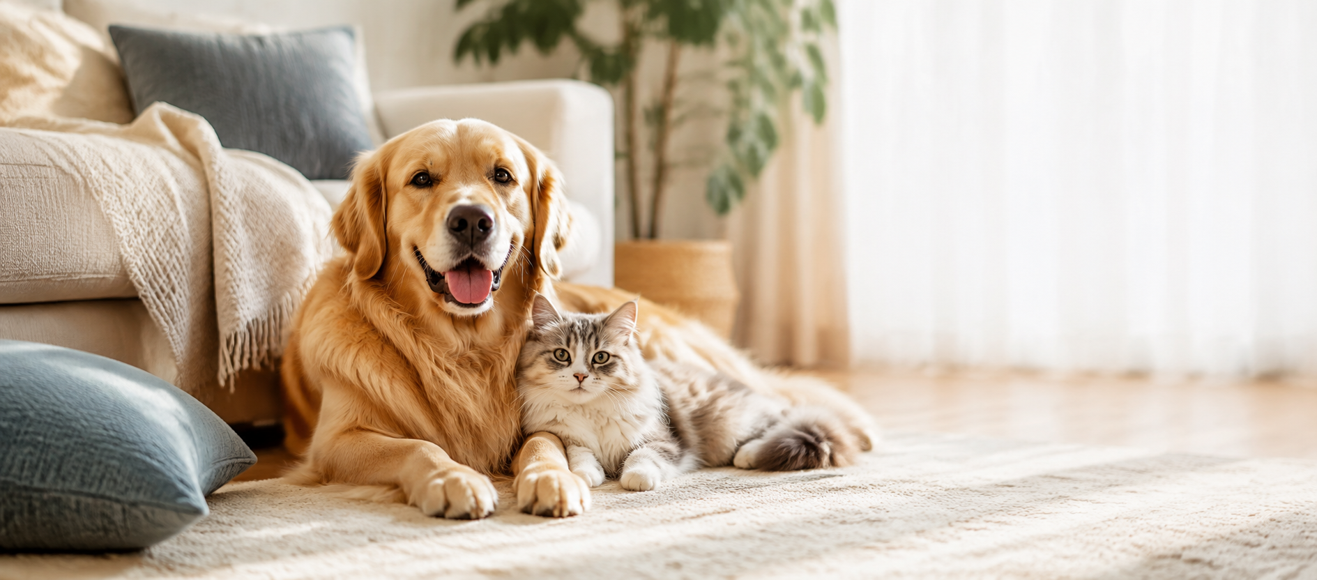 Golden Retriever and cat relaxing together in a bright home